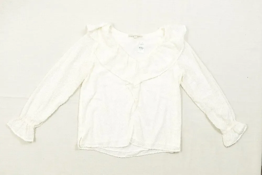 LOFT Women's Medium Cream Textured Ruffle V-Neck Long Sleeve Blouse Gold Metalli